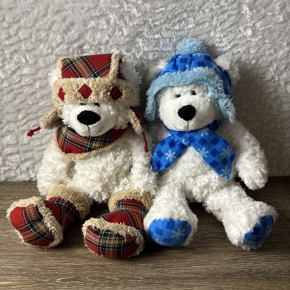 Two Plush Winter Stuffed Teddy Bears Hugfun Soft Warm‎ Cozy Comforting Cute Snow